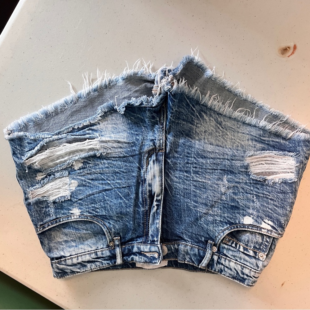 Garage High Waist Distressed Denim Shorts - Blue